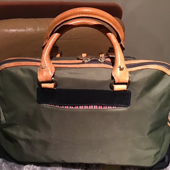 DANZO ‘RETRO KHAKI GREEN NYLON WITH BEIGE VACHETTA HANDLES & TRIMS  BABY BAG - Picture 5 of 16